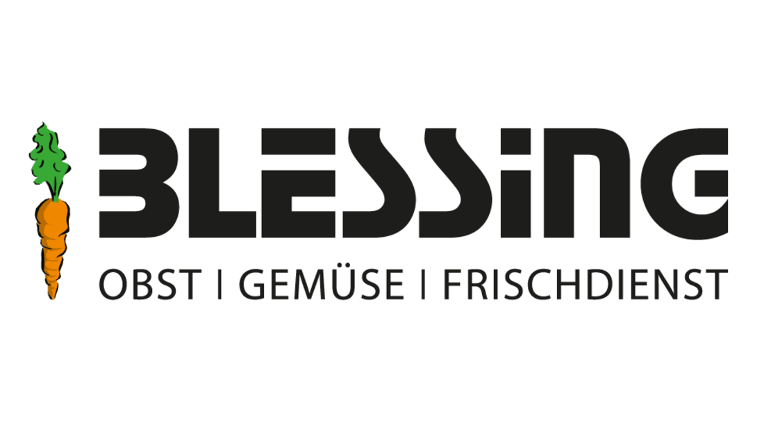 Logo für "Blessing" mit einer Möhre, die den Buchstaben "B" im Wort bildet. Darunter steht in schwarzer Schrift "OBST | GEMÜSE | FRISCHDIENST". Der Hintergrund ist weiß.